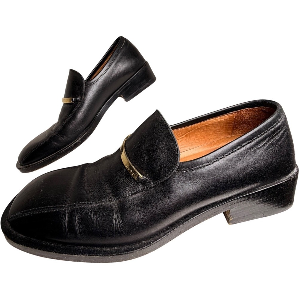 Gucci Vintage Black Leather Logo Bar Loafers Men’s 8D Authenticated - Picture 3 of 14